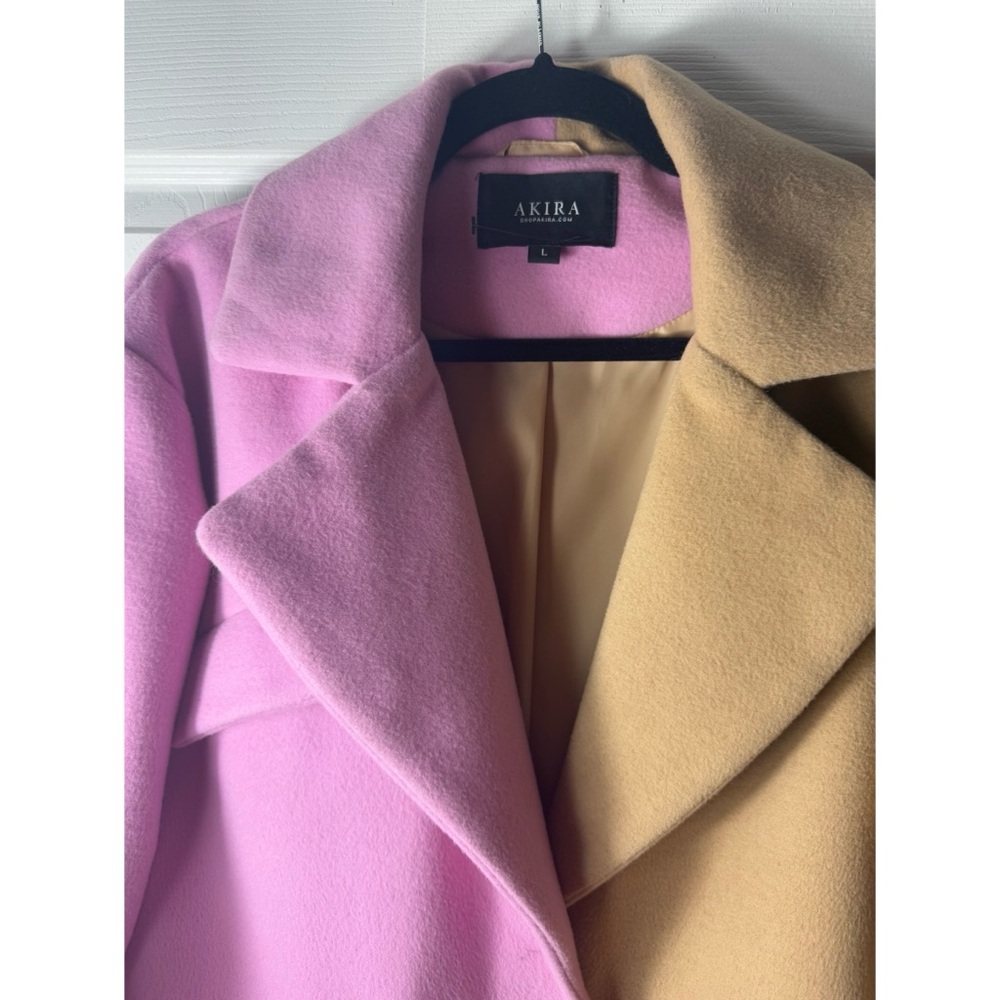 AKIRA Sherbert Colorblock Pink Tan Longline Trench Coat Jacket Size L - Picture 5 of 6